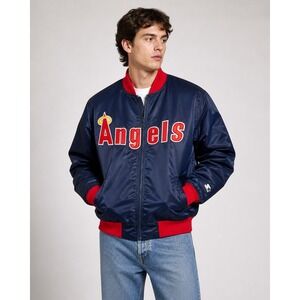 Vintage Starter California Angels MLB Satin Bomber Jacket Navy Red Large Mens |R